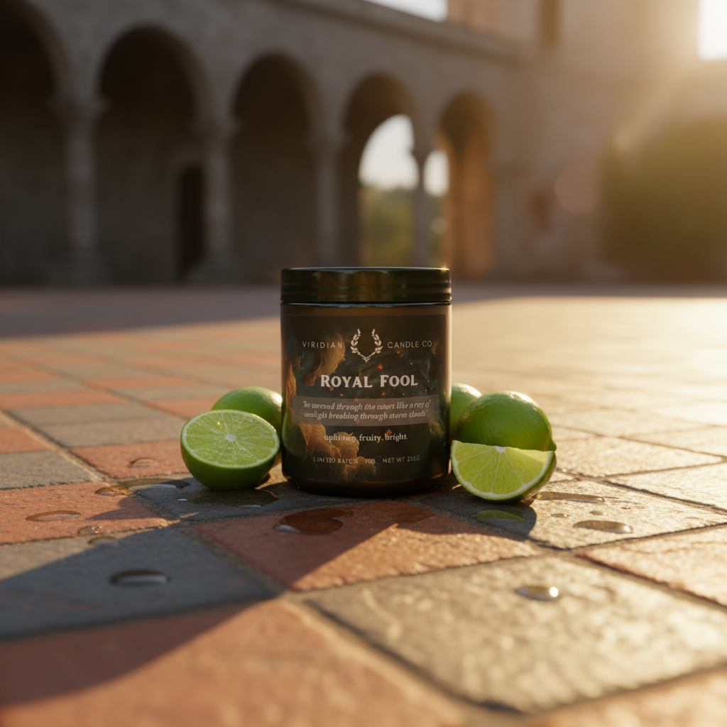 Candle labeled 'Royal Fool' handcrafted by Viridian Candle Co. surrounded by limes on a stone pavement with architectural background