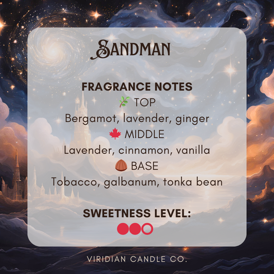 Sandman fragrance description card with celestial background
