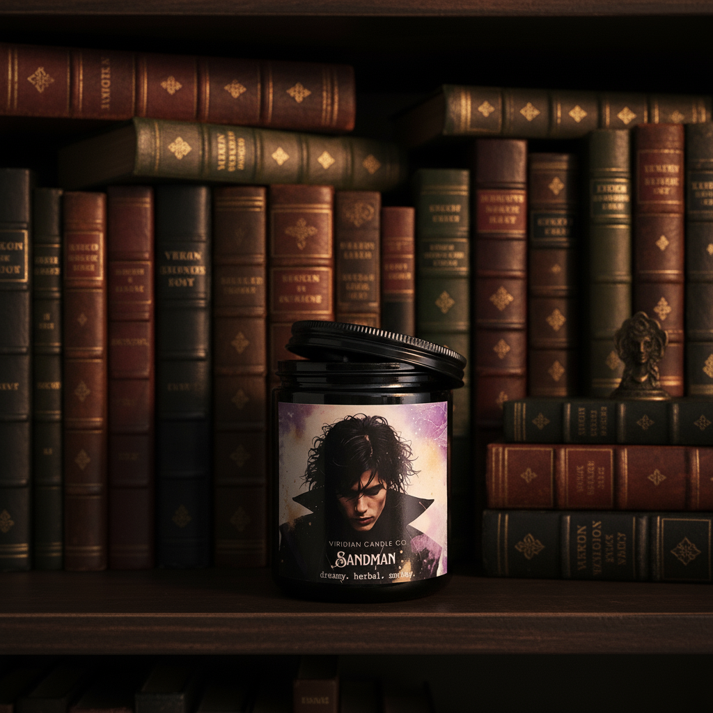 Sandman fantasy soy candle by Viridian Candle Co., on a bookshelf with aged books in the background.