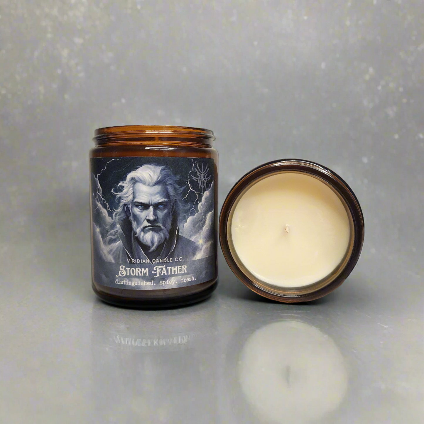 a Stormfather candle, handcrafted by Viridian Candle Co., on a marble countertop. Inspired by epic fantasy, Brandon Sanderson's Stormlight Archives.