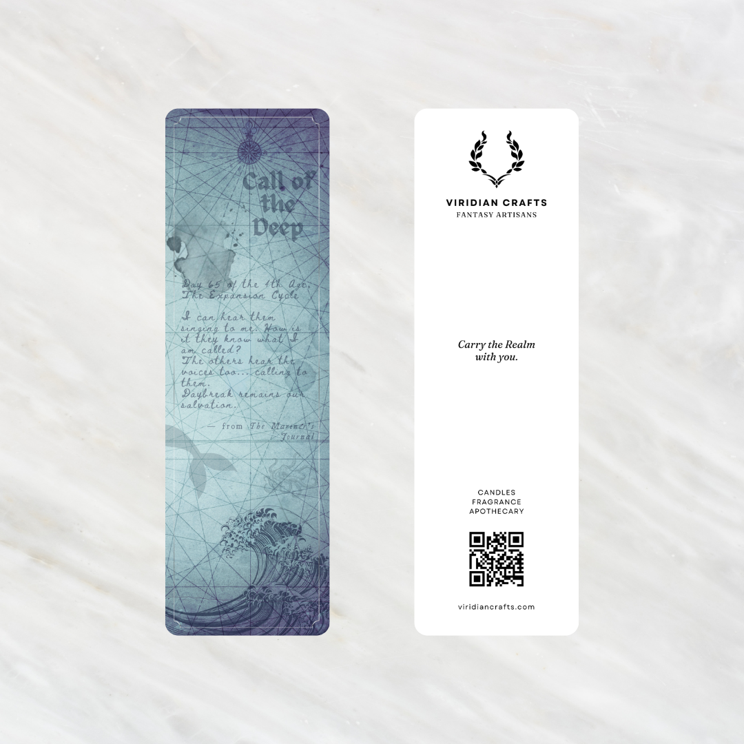 Two decorative bookmarks from Viridian Crafts are displayed side-by-side on a white marble background. The left bookmark features a dark blue and purple celestial map design with the text 'Call of the Deep' and a wave illustration.