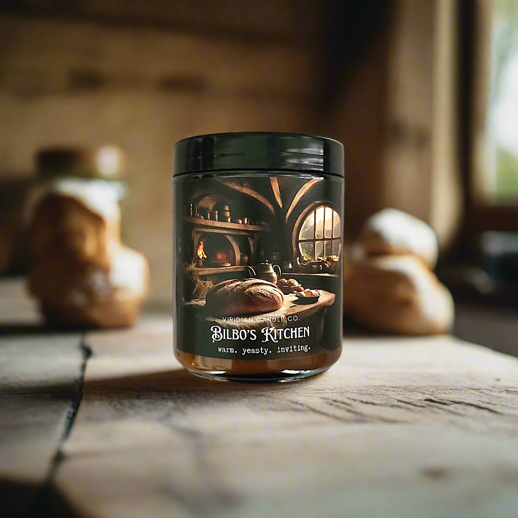 Bilbo's Kitchen soy candle in a rustic kitchen, handcrafted by Viridian Candle Co. Fantasy themed candle