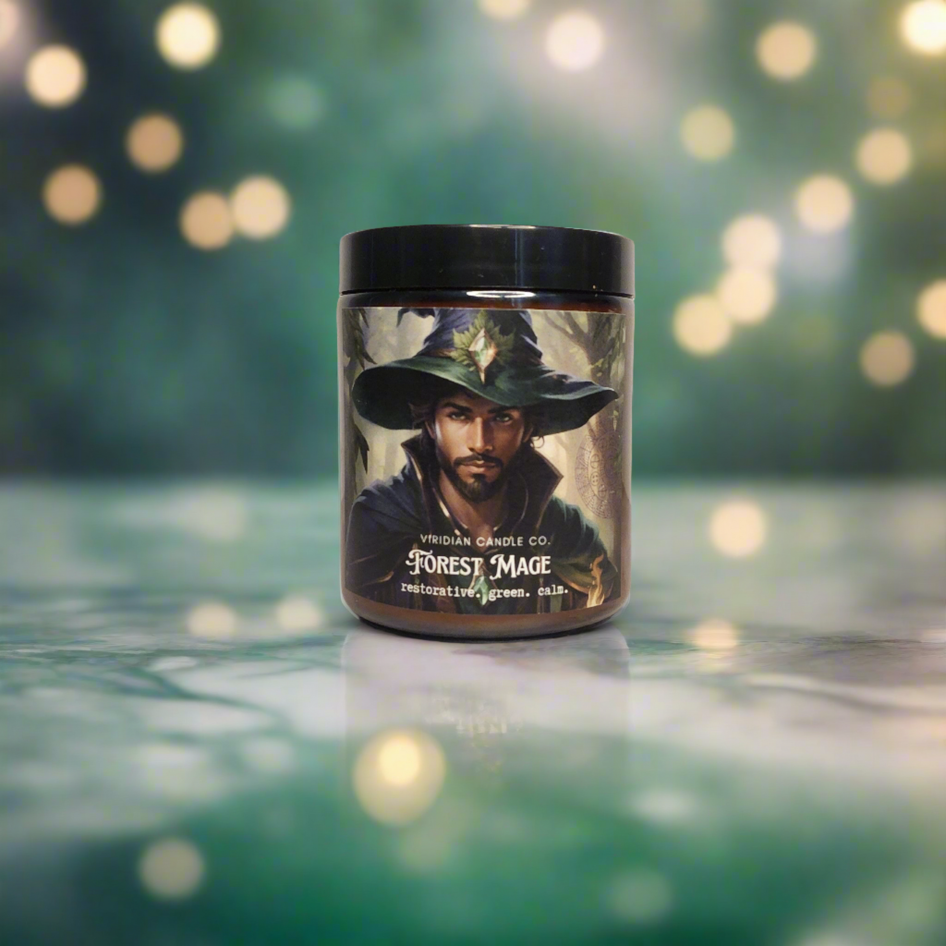 Forest Mage candle on a green marble surface with fairy lights in the background