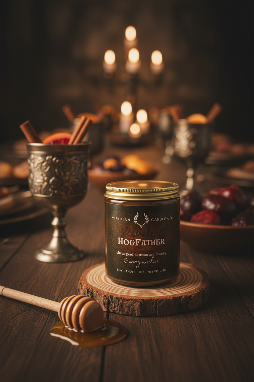 Candle labeled 'Hogfather' from Viridian Crafts on a wooden coaster with cinnamon sticks, and a banquet in the background.