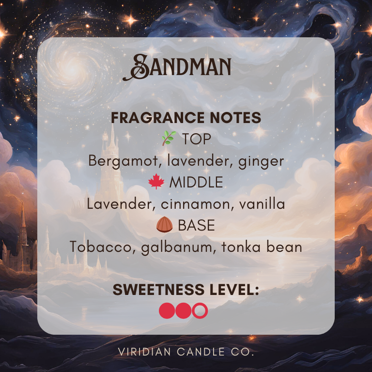 Sandman fragrance description card with celestial background