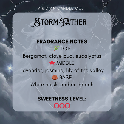 A fragrance notes card featuring the details for the Stormfather fragrance blend