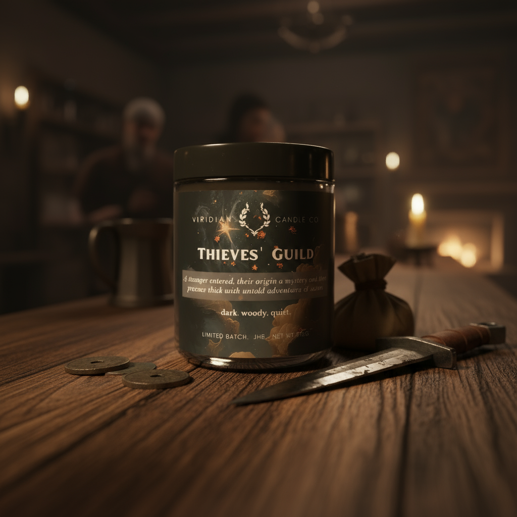 A Thieves' Guild candle, handcrafted by Viridian Candle Co., on a wooden counter with a dagger, coin purse and old coins scattered.
