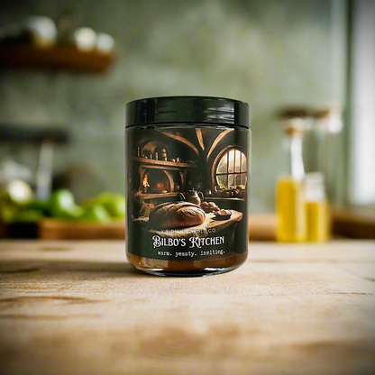 Bilbo's Kitchen soy candle in a rustic kitchen, handcrafted by Viridian Candle Co.
